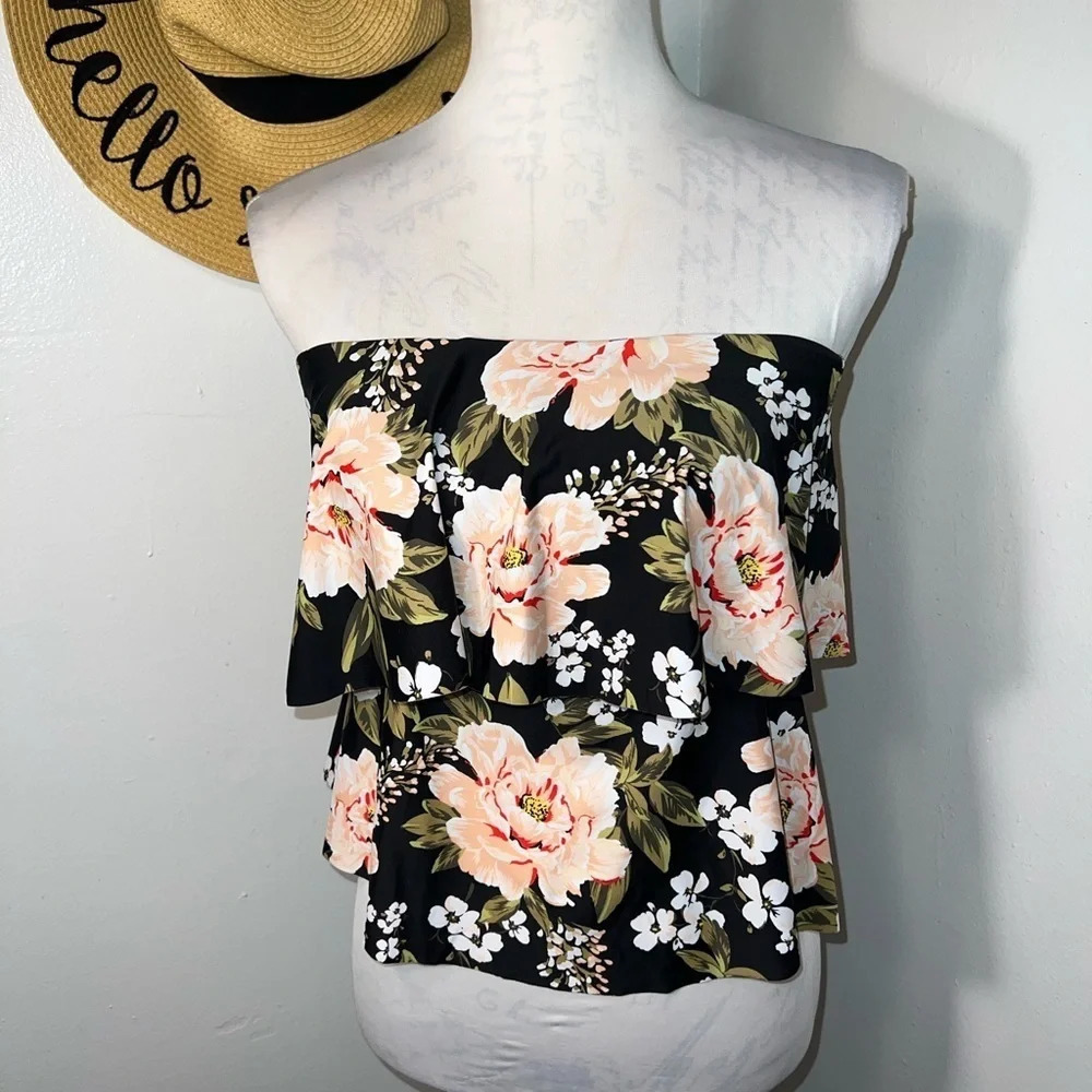 Kona Sol,‎ S, tiered Bandeau black floral tankini, lined without strap